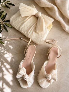 Loeffler Randall Dahlia Pearl Pleated Bow Heel & Rayne Pearl Bow Clutch - NEW